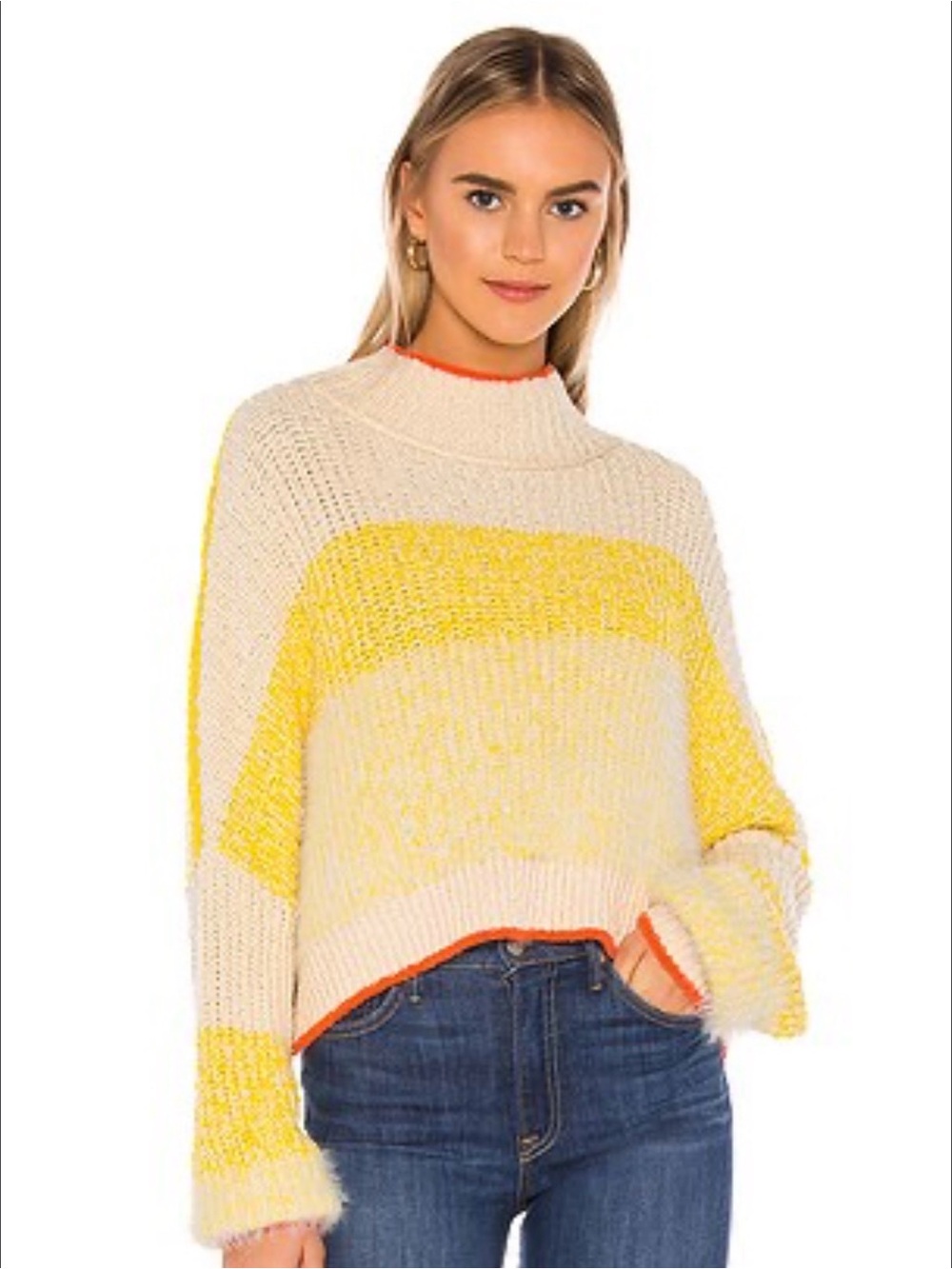 Free People Cream and Yellow Striped Turtleneck Sweater with Orange Trim